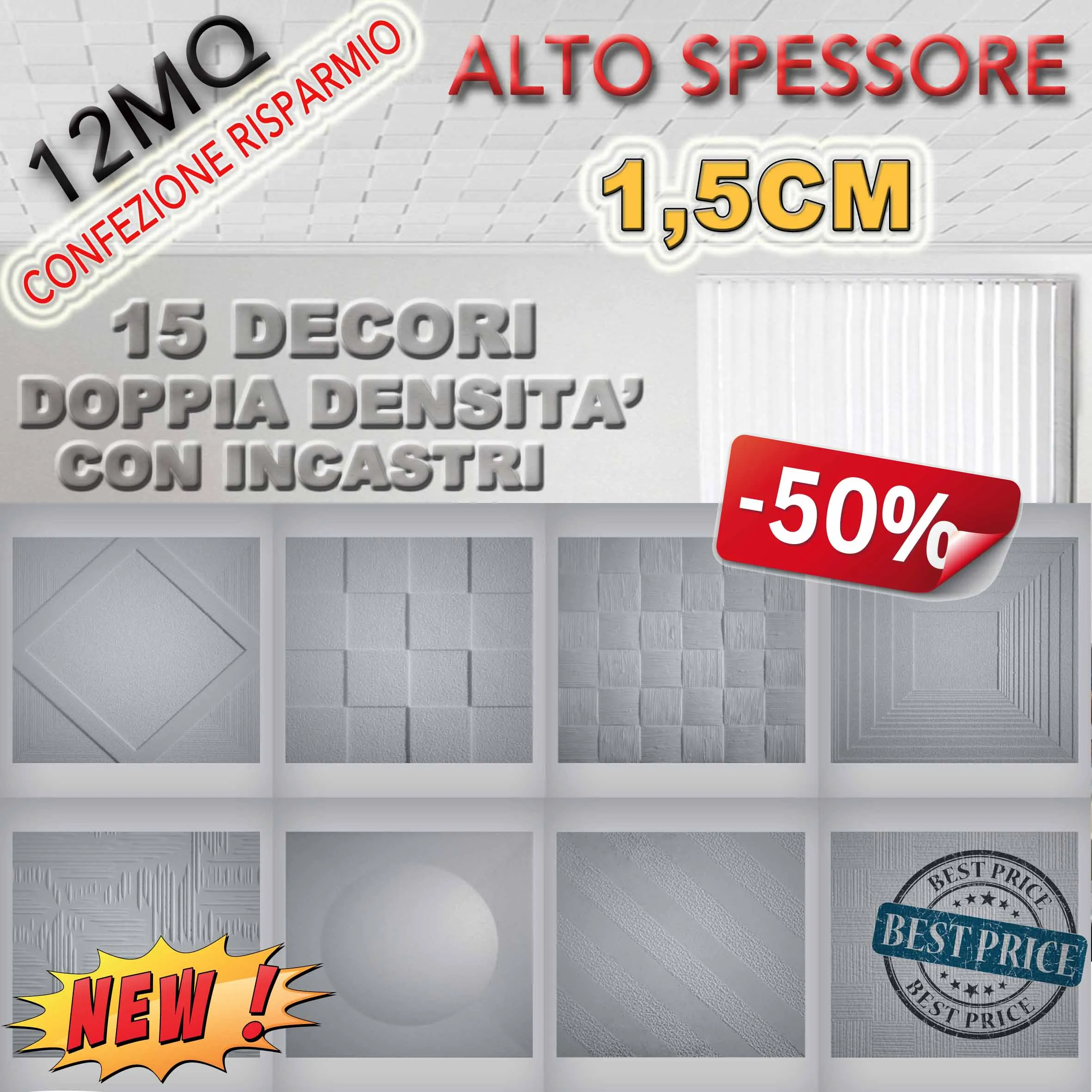 * CONFEZIONE MAXIRISPARMIO * MQ 12 di pannelli in polistirene espanso / polistirolo a soffitto ALTO SPESSORE 1,5cm  decorativi 3D antimuffa, isolanti termo/acustici DOPPIA DENSITA' con incastri 50x50cm