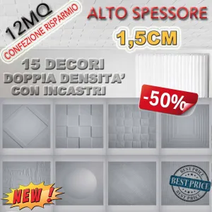 * CONFEZIONE MAXIRISPARMIO * MQ 12 di pannelli in polistirene espanso / polistirolo a soffitto ALTO SPESSORE 1,5cm  decorativi 3D antimuffa, isolanti termo/acustici DOPPIA DENSITA' con incastri 50x50cm