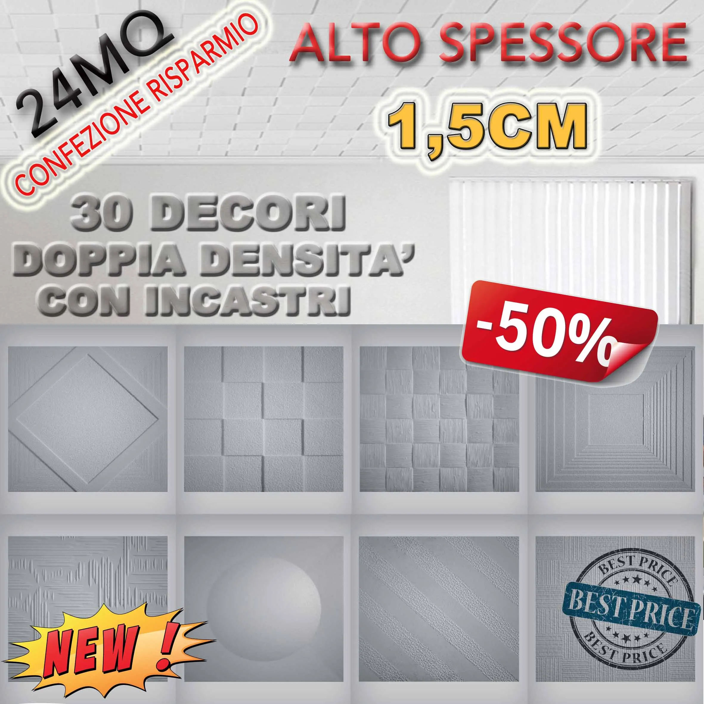 * CONFEZIONE MAXIRISPARMIO * MQ 24 di pannelli in polistirene espanso / polistirolo a soffitto ALTO SPESSORE 1,5cm  decorativi 3D antimuffa, isolanti termo/acustici DOPPIA DENSITA' con incastri 50x50cm