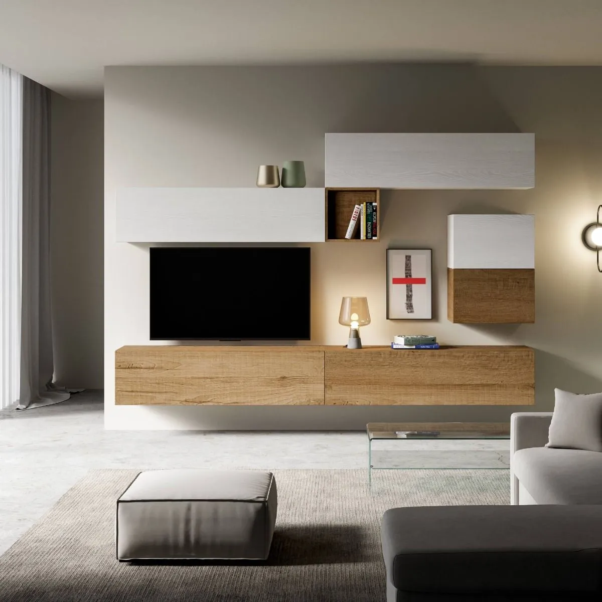 Ascanio - Parete design moderno per living in legno bianco e quercia