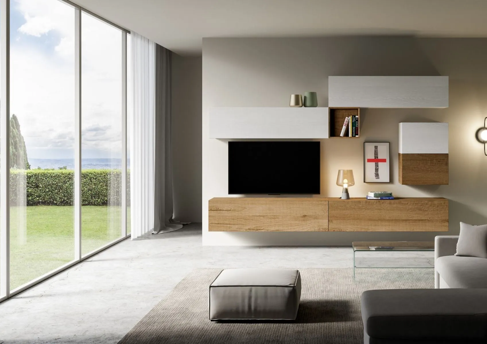 Ascanio - Parete design moderno per living in legno bianco e quercia