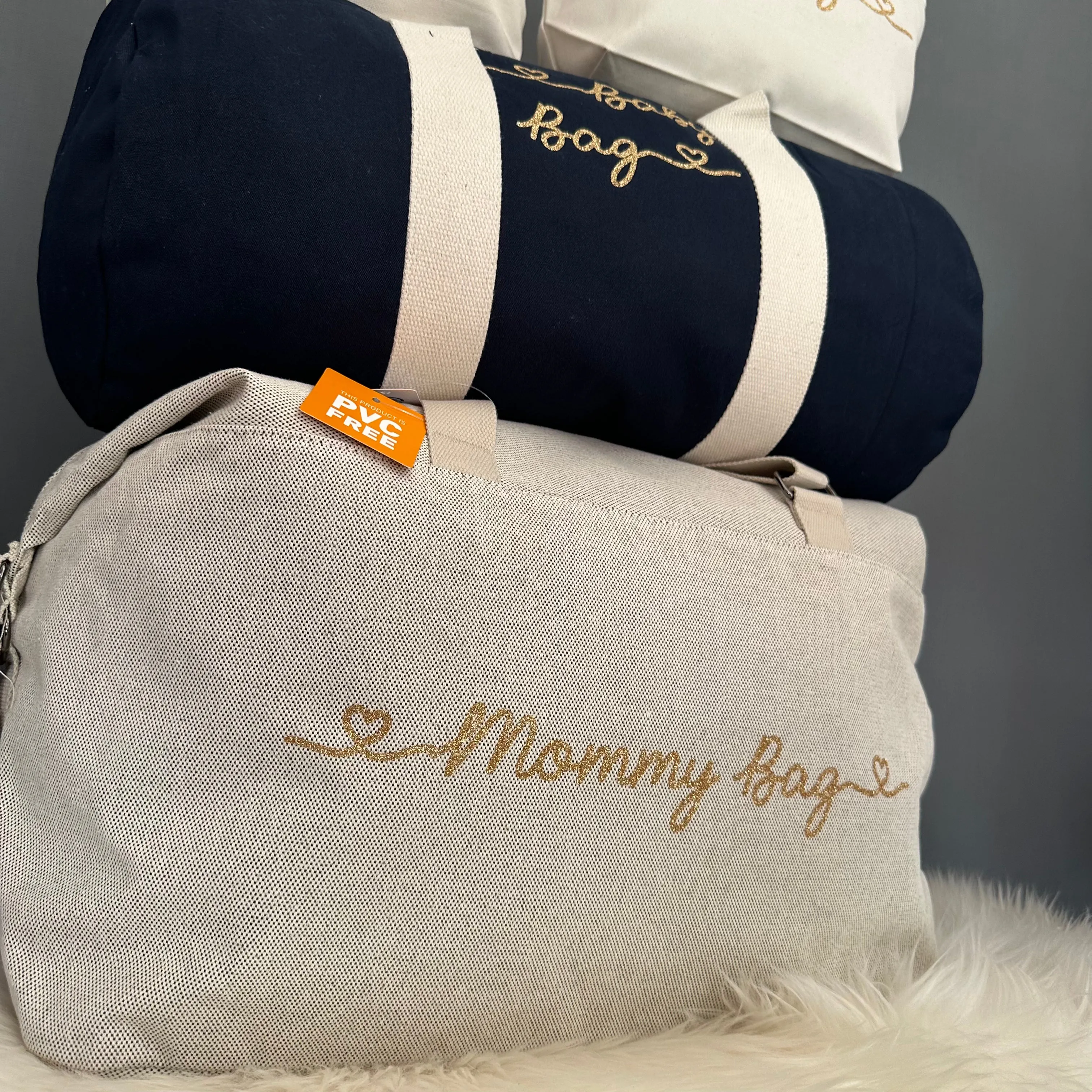 Borsone mamma, 1 borsone baby Blu e 2 Pochette con cuoricini Oro Glitter