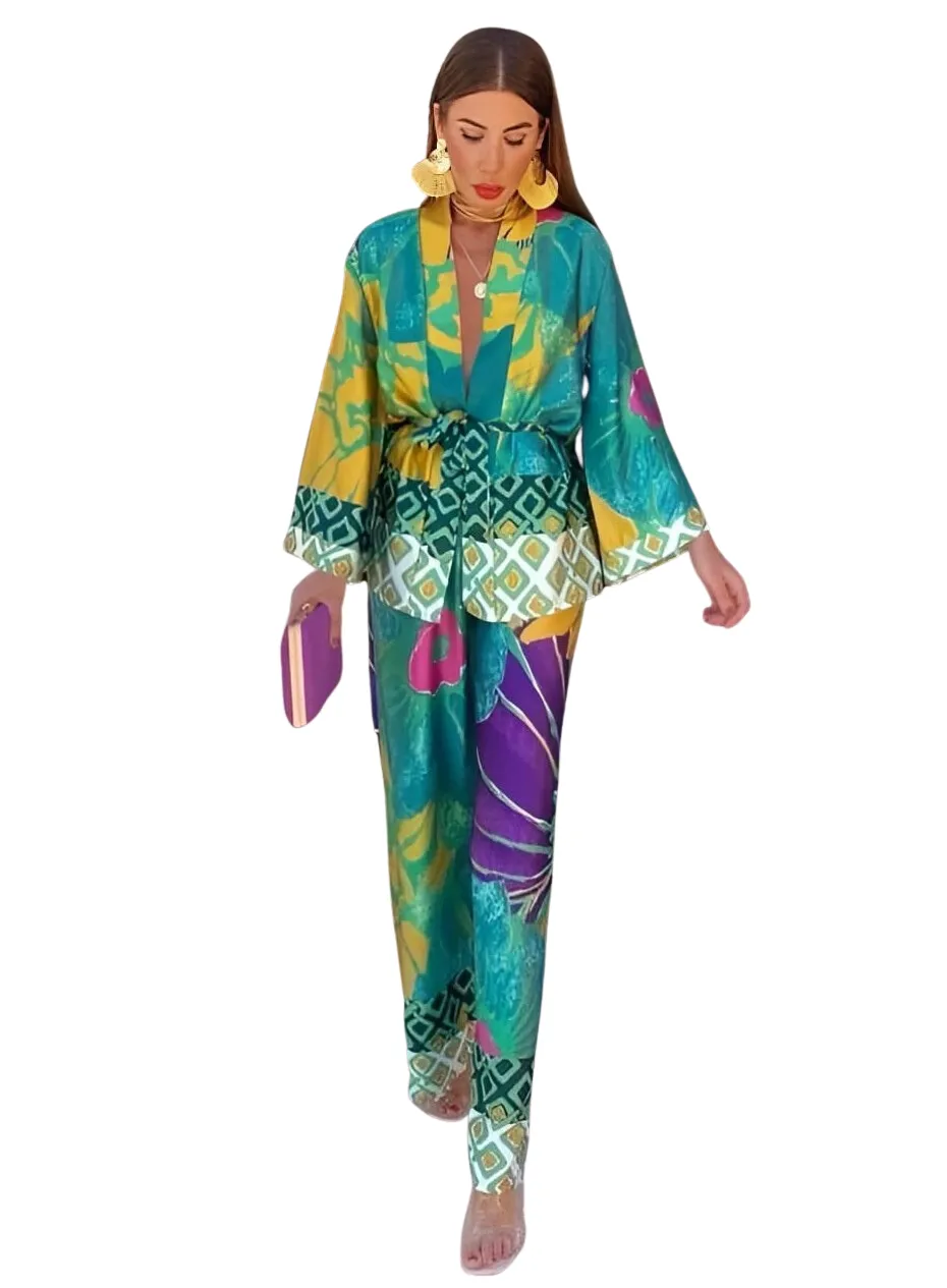 Completo Donna Kimono Pantalone Fantasia Multicolore Scollo V Easy