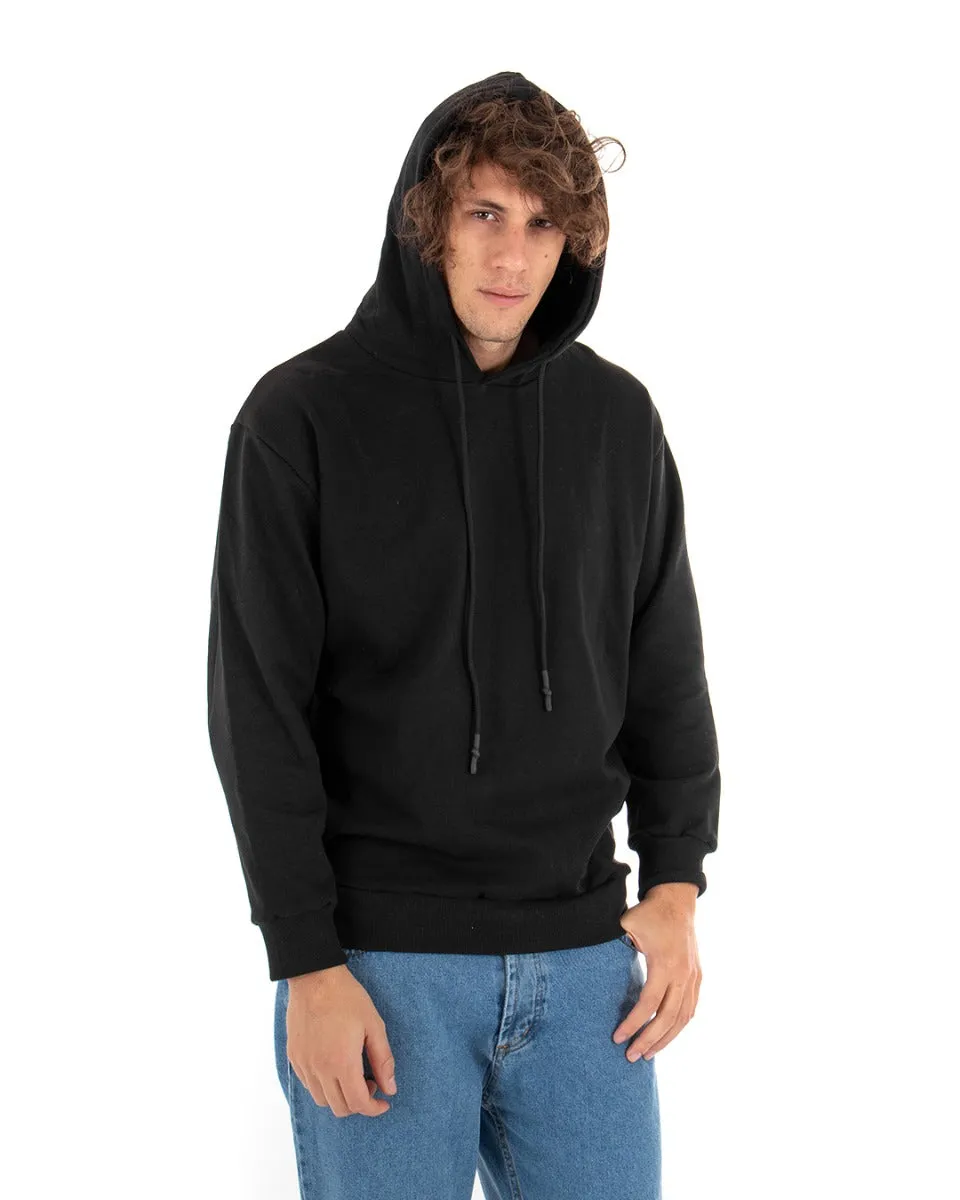 Felpa Con Cappuccio Uomo Basic Tinta Unita Nero Comoda Relaxed Fit Garzata Leggera GIOSAL-F2872A