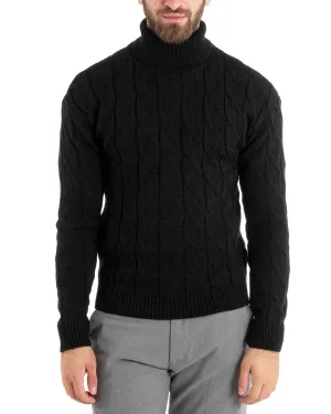 Maglioncino Uomo Collo Alto Maglia Inglese Con Trecce Nero Pullover Dolcevita GIOSAL-M2715A