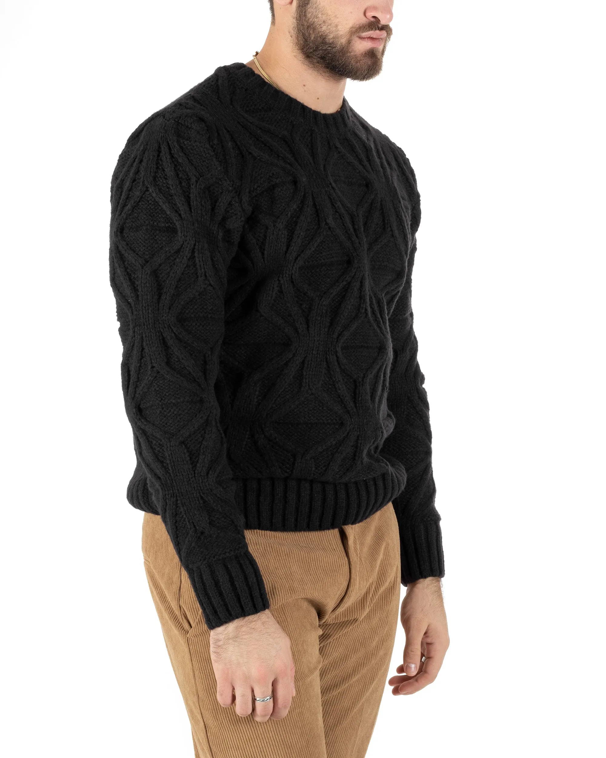 Maglioncino Uomo Girocollo Maglia Inglese Maglione Trecce Rombi Nero GIOSAL-M2789A