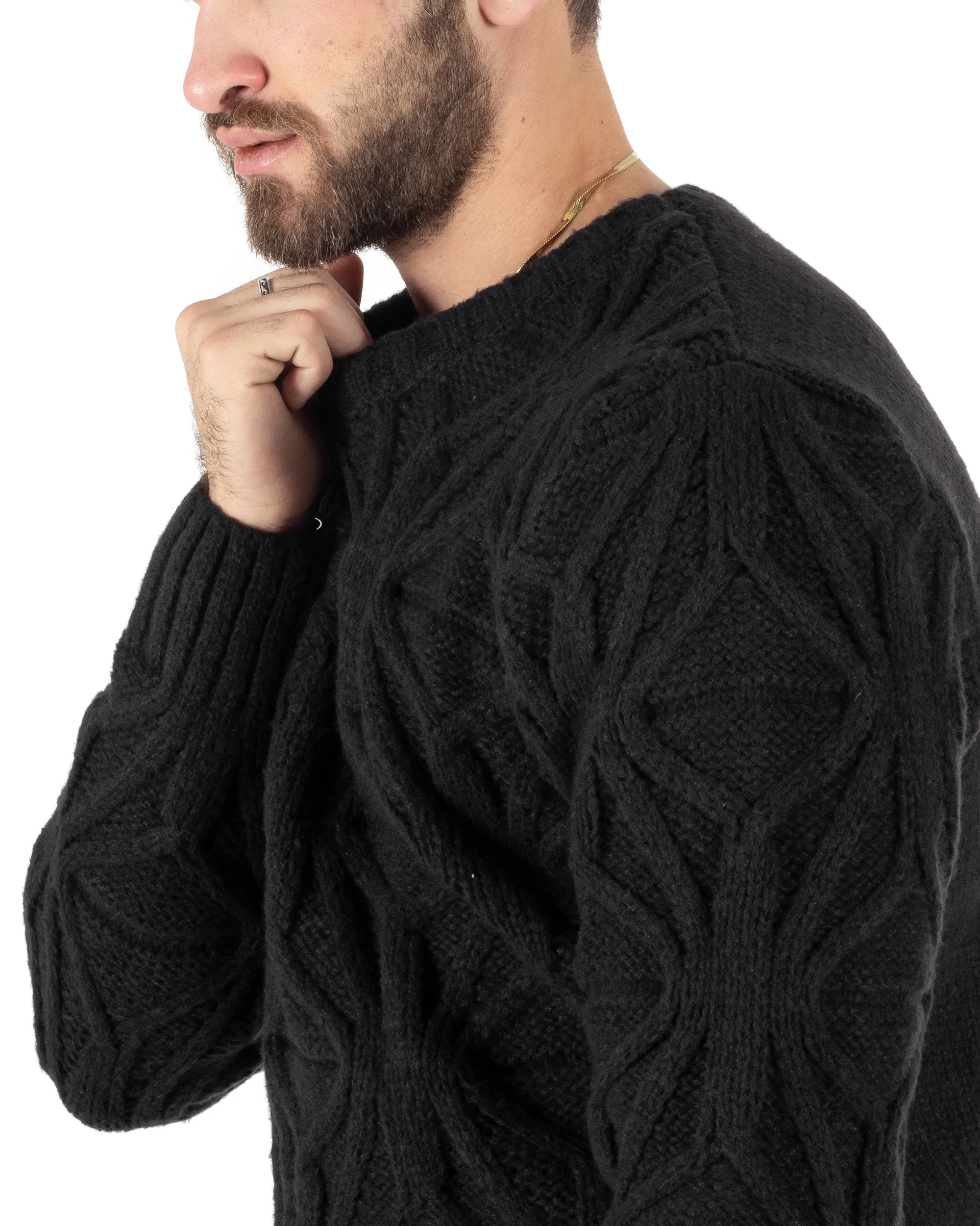 Maglioncino Uomo Girocollo Maglia Inglese Maglione Trecce Rombi Nero GIOSAL-M2789A