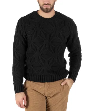 Maglioncino Uomo Girocollo Maglia Inglese Maglione Trecce Rombi Nero GIOSAL-M2789A