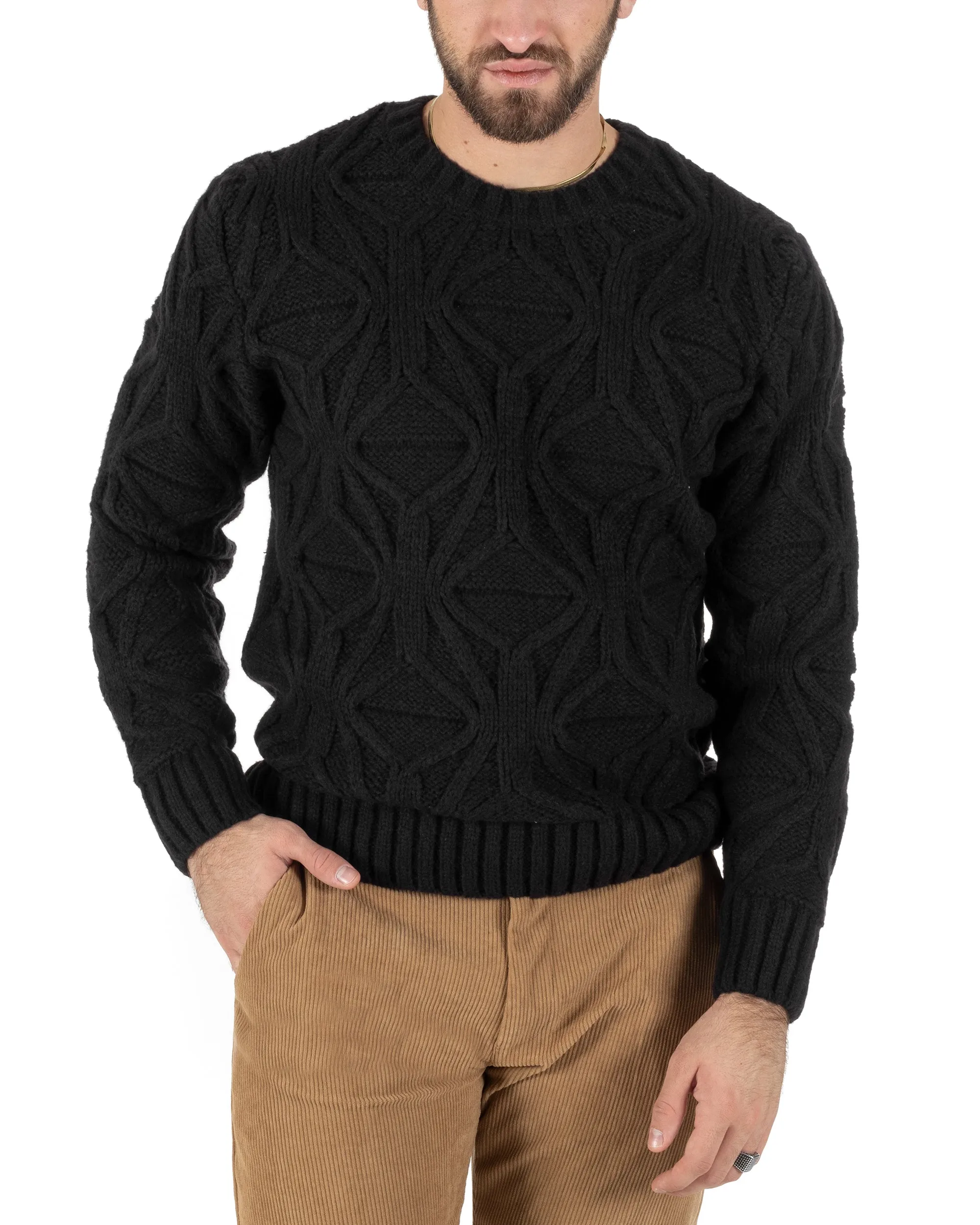 Maglioncino Uomo Girocollo Maglia Inglese Maglione Trecce Rombi Nero GIOSAL-M2789A