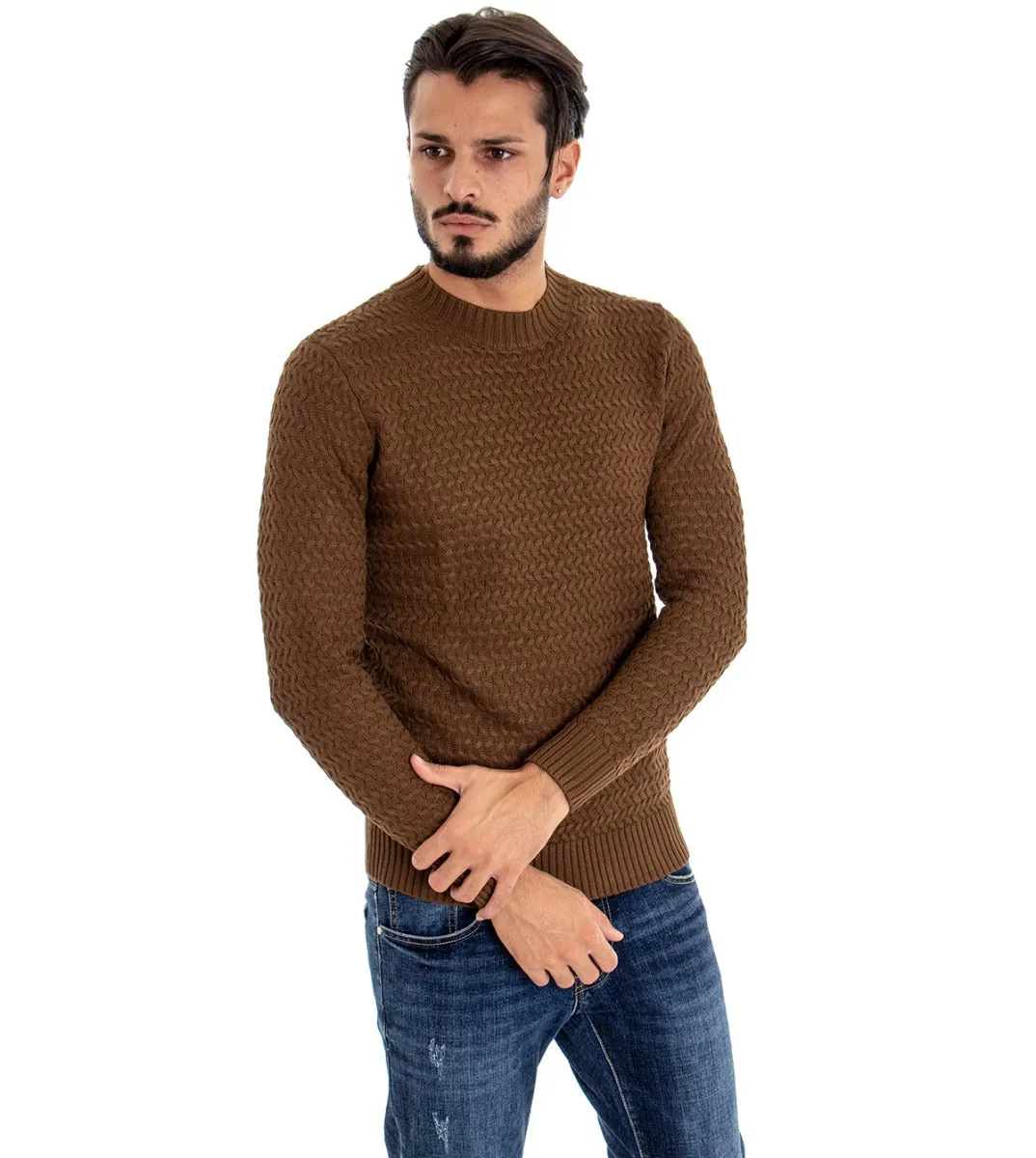 Maglioncino Uomo Maglia Maglione Girocollo Camel Casual Fantasia Trecce GIOSAL-M1778A