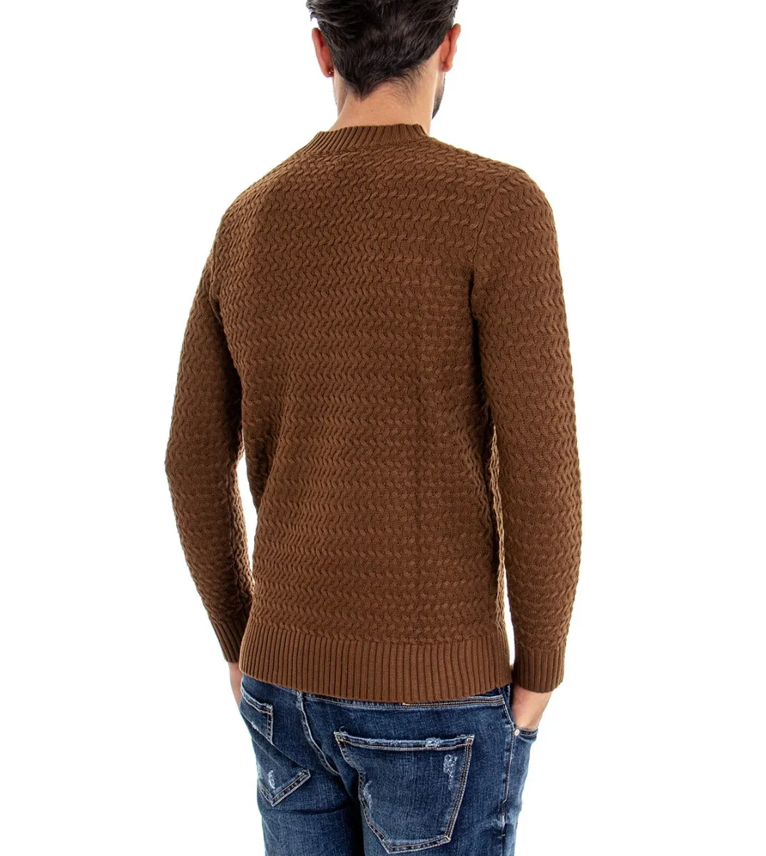 Maglioncino Uomo Maglia Maglione Girocollo Camel Casual Fantasia Trecce GIOSAL-M1778A