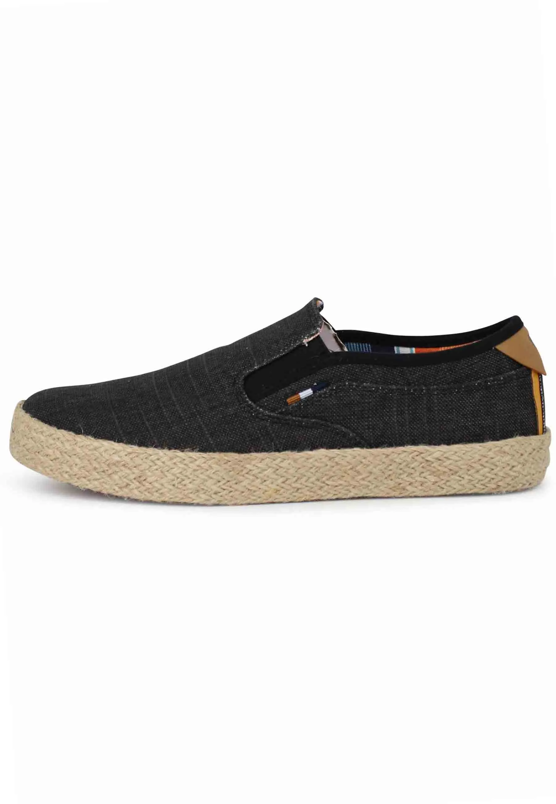 Mocassini uomo Calypso Slip On Rope in tessuto nero con suola in corda