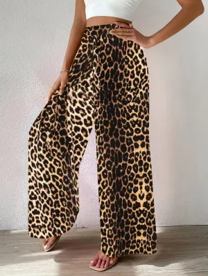 Pantalone Donna Palazzo Vita Alta Fantasia Leopardata Casual Elegante