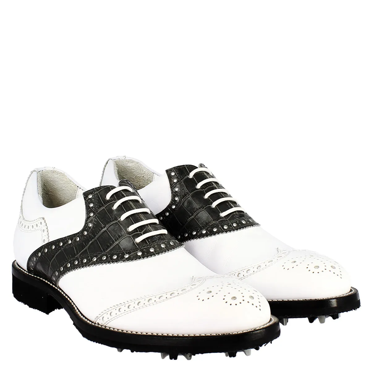 Scarpe golf donna artigianali in pelle pieno fiore bianco nero