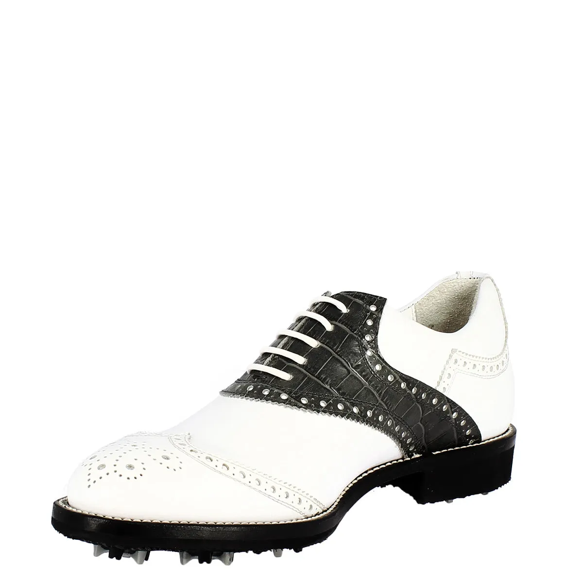 Scarpe golf donna artigianali in pelle pieno fiore bianco nero