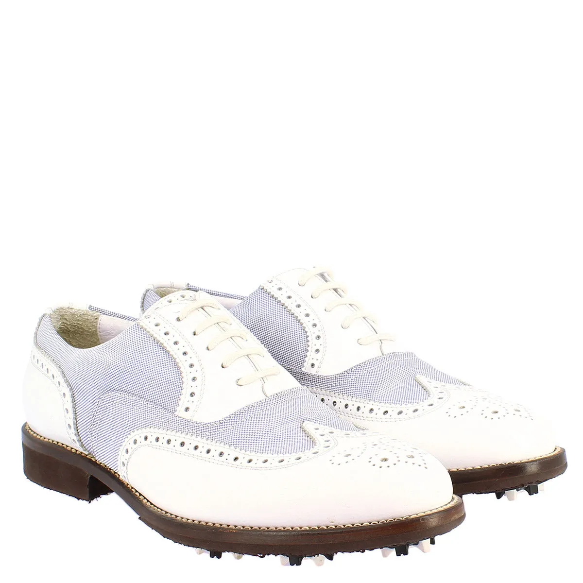 Scarpe golf donna estive fatte a mano in pelle bianca e tessuto